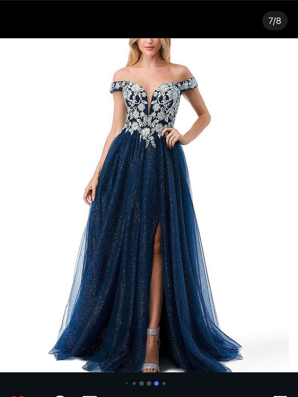 Navy Off-Shoulder Glitter Prom Dress with White Floral Embroidery - Picture 2 of 3